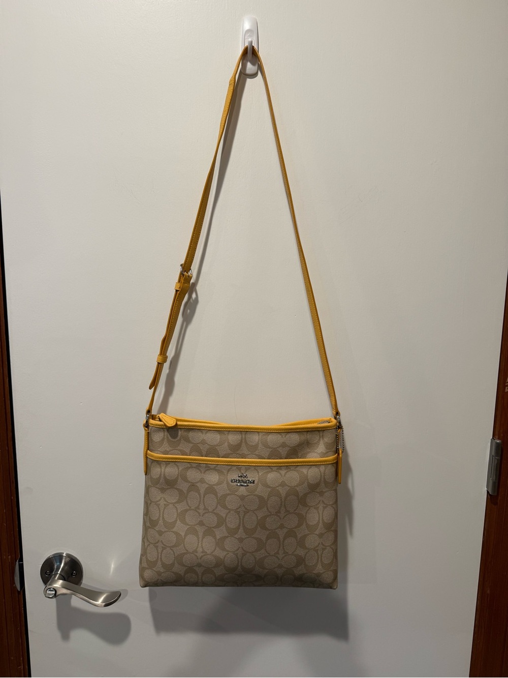 Coach Beige Signature Crossbody with Yellow Trim